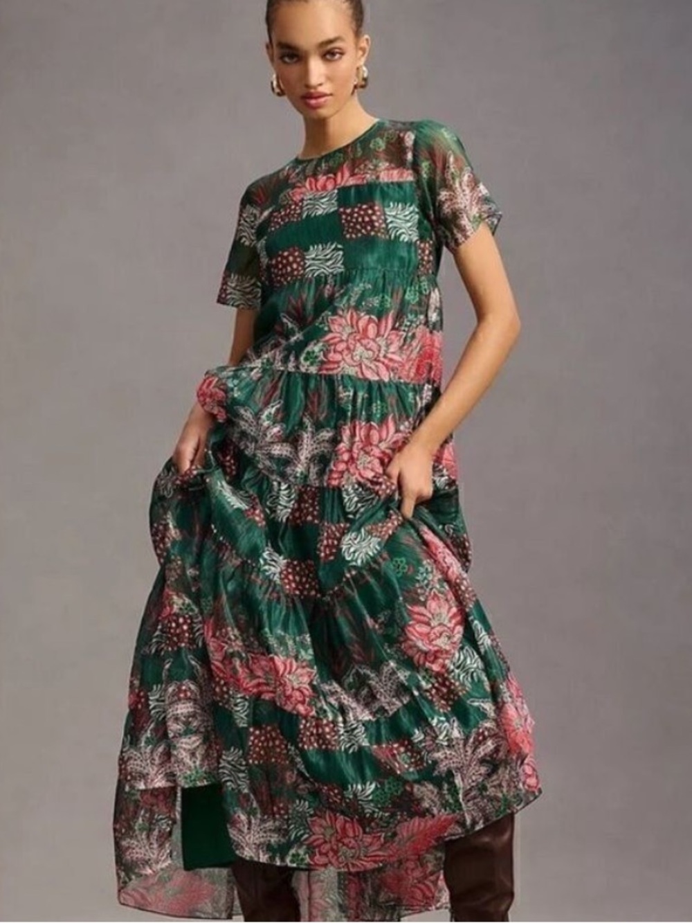 BHANUNI BY JYOTI — NWT Floral Emerald Tiered Maxi Dress - Size M